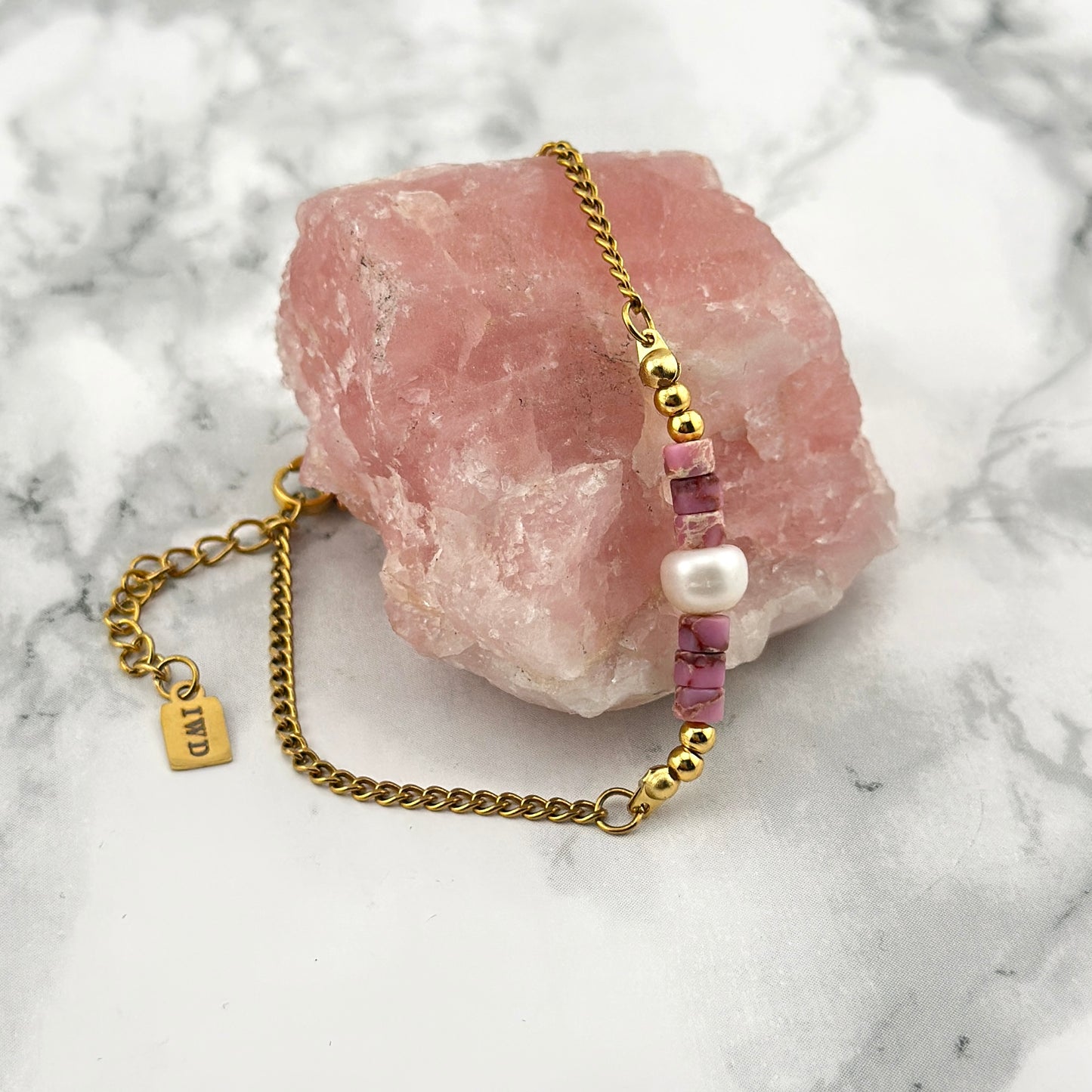 Golden Bracelet with Pink Beads