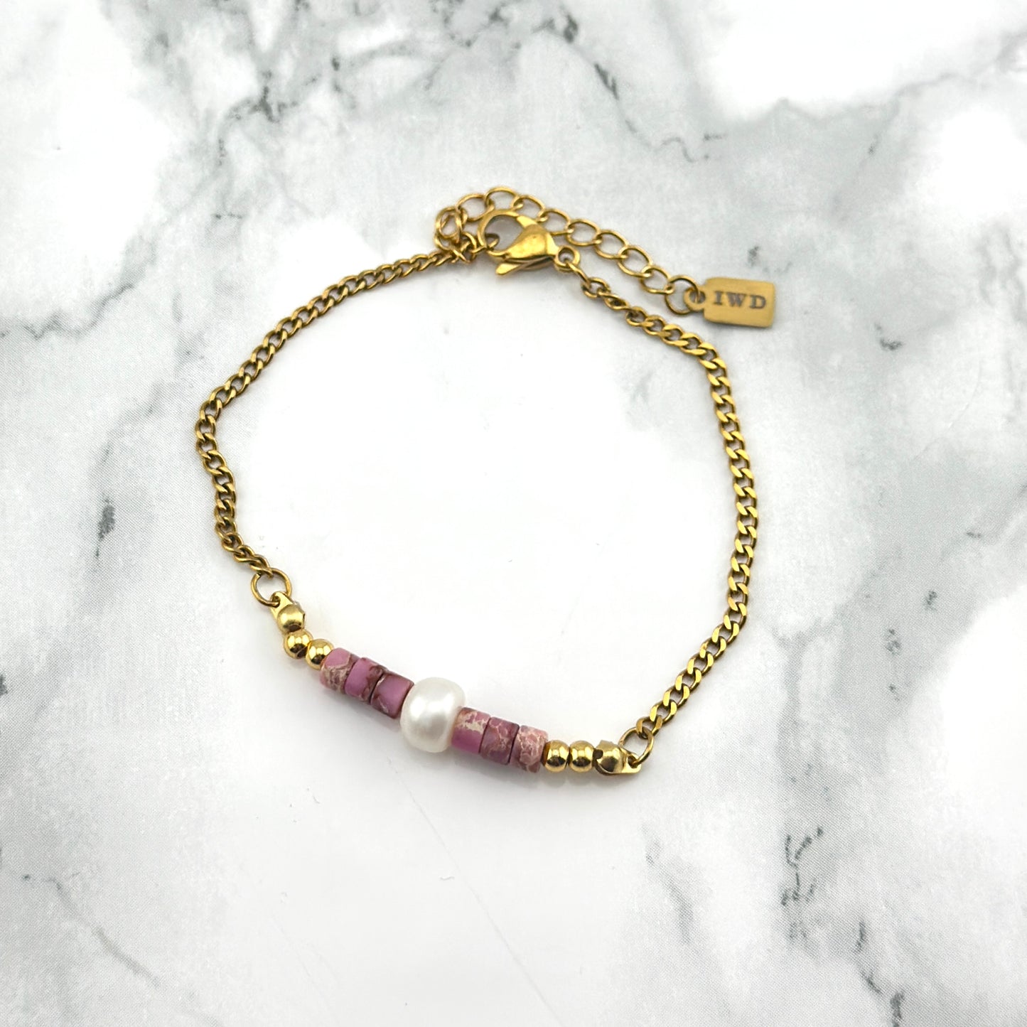 Golden Bracelet with Pink Beads